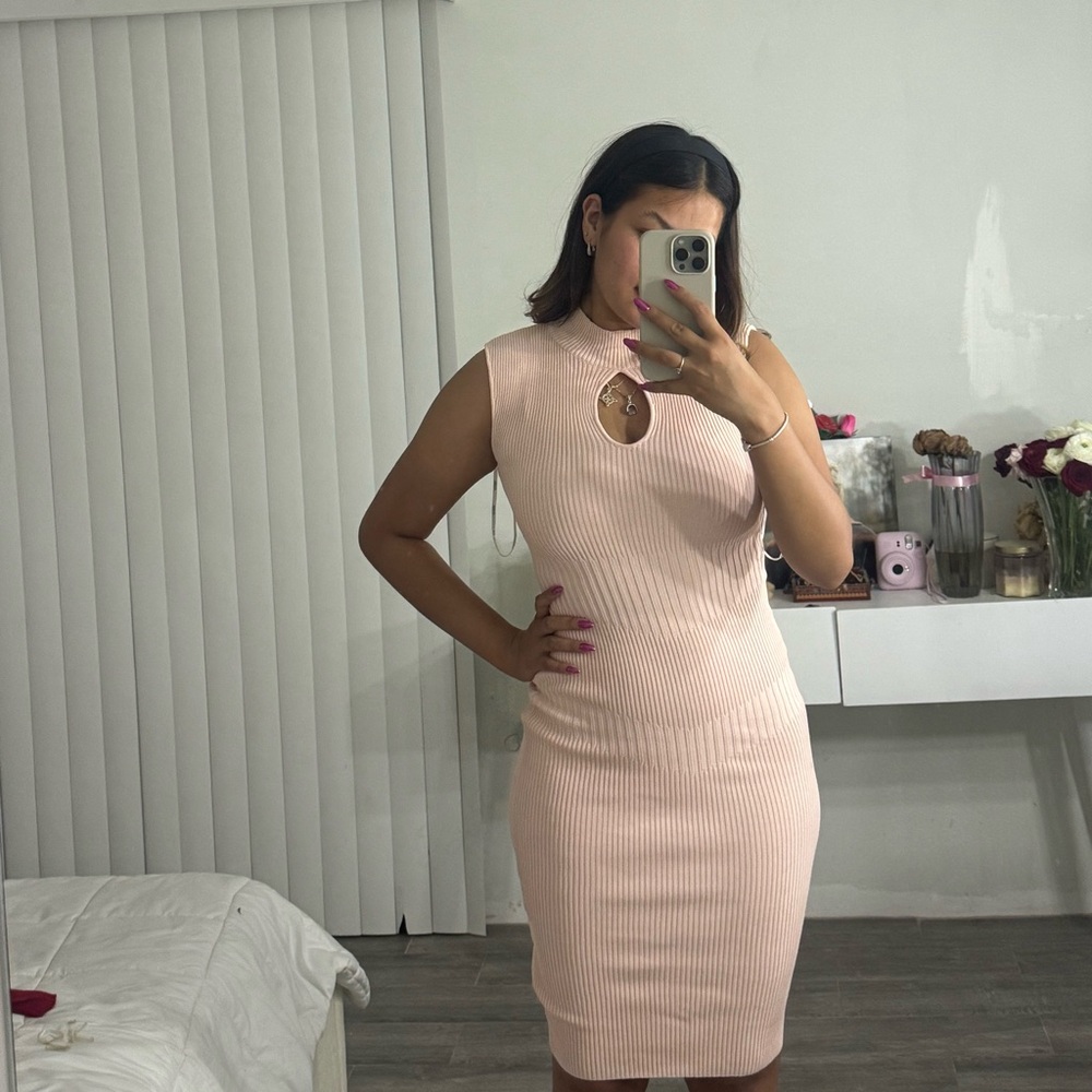 Guess Pink Ribbed Bodycon Midi Dress Mock Neck